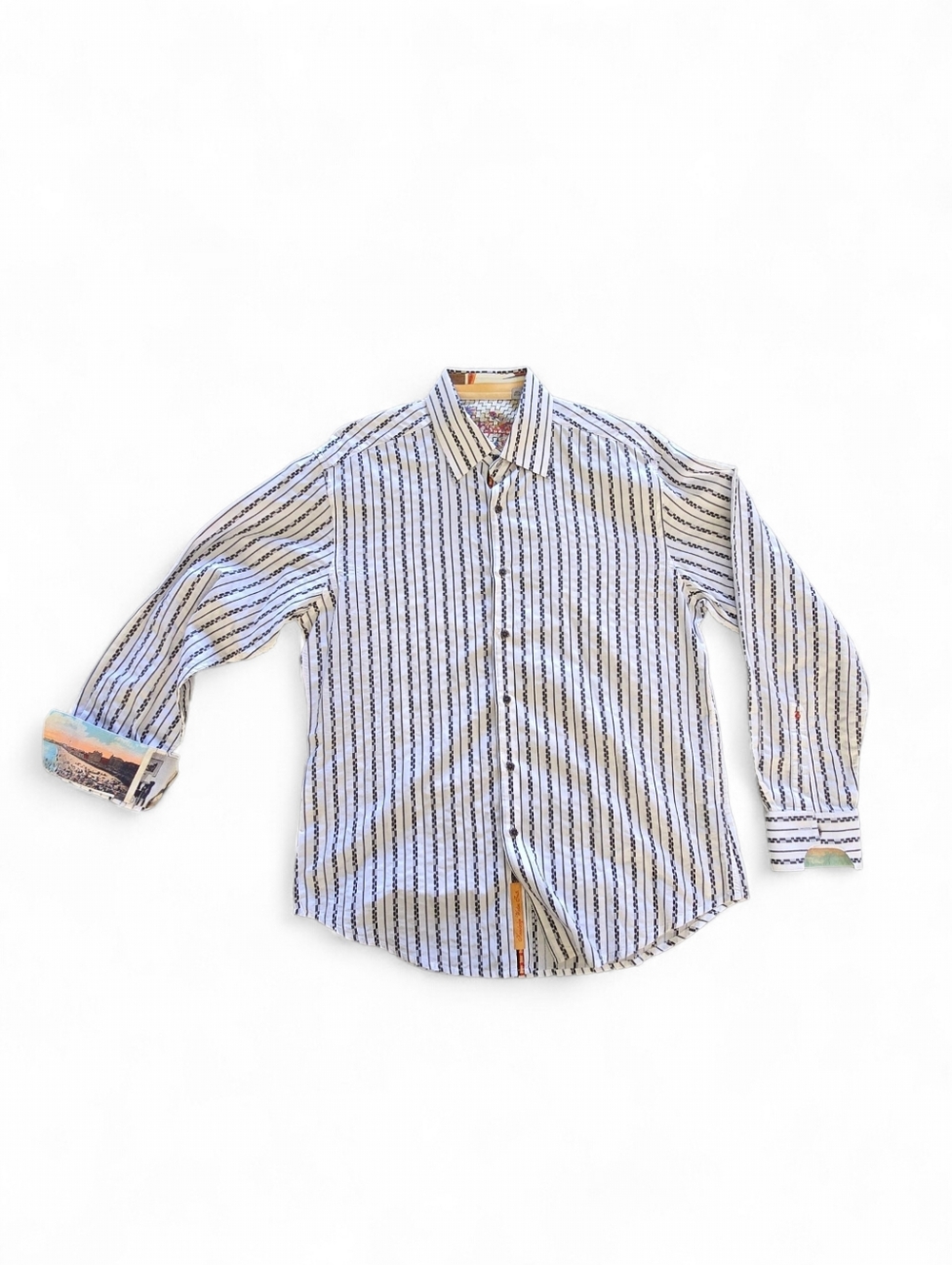 Robert Graham Striped Button Up Shirt XL White Black Flip Cuff Silk Trim - Picture 2 of 10
